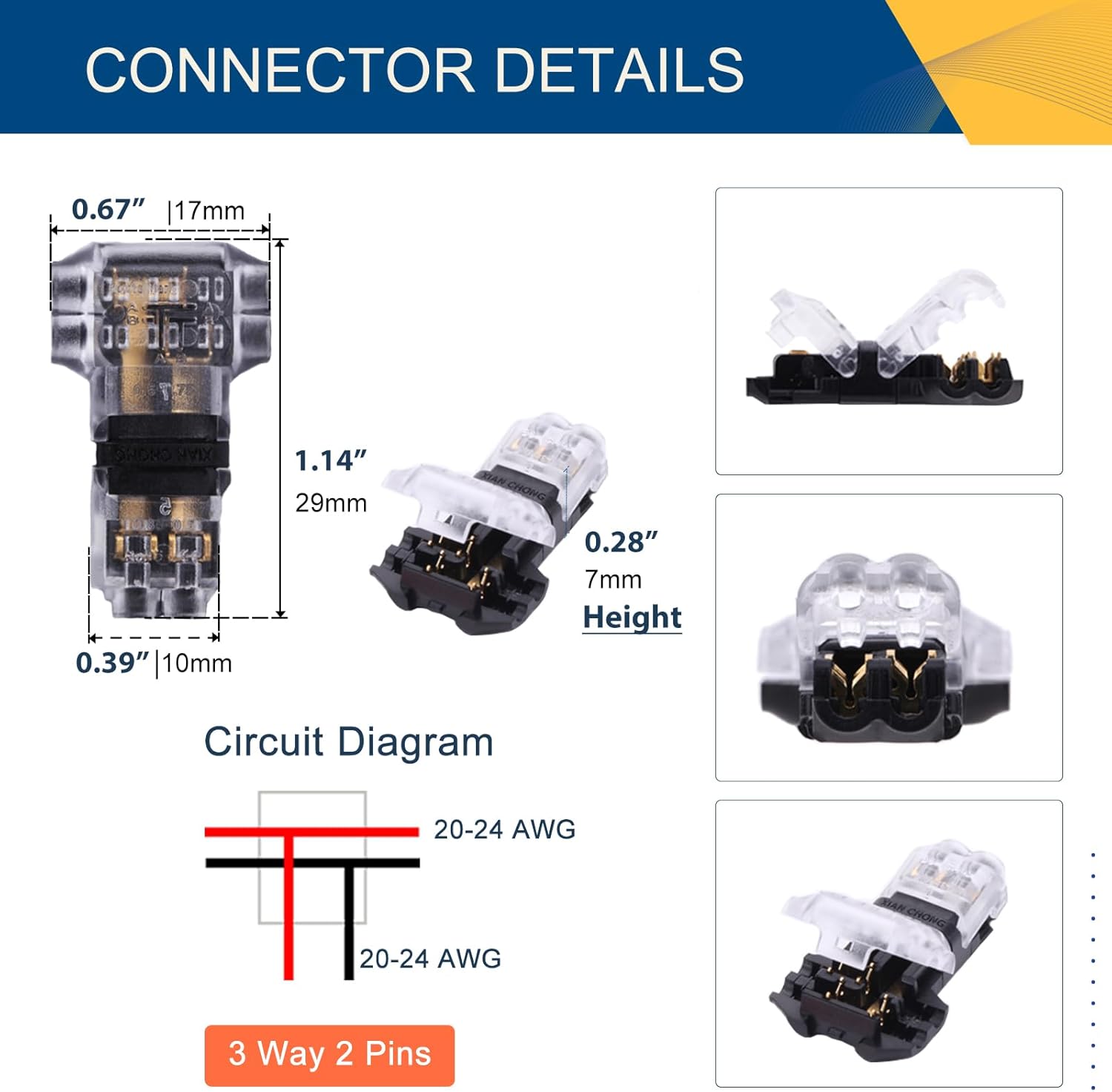 Low Voltage Wire Connectors Solid Connection, T Tap Wire Connectors, T Type 2 Pins Wire Splice Connectors, Solderless