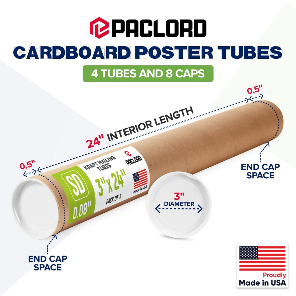 3" x 24" Made in USA Kraft Paper Mailing Tube, 4 Tubes, 8 Caps