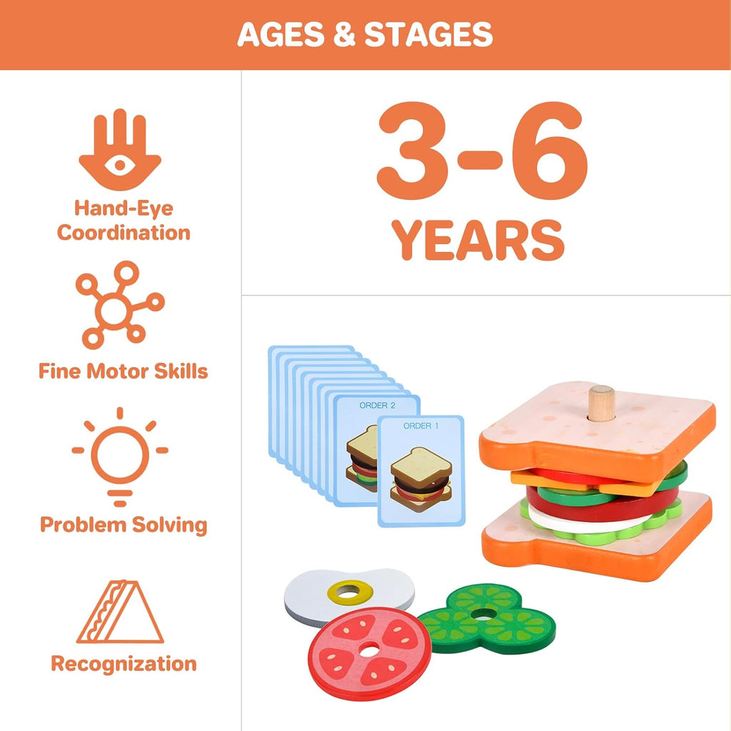 Wooden Sandwich Stacking Toys, Montessori Toys for Toddlers Kitchen Play Food Educational Preschool Learning Toys