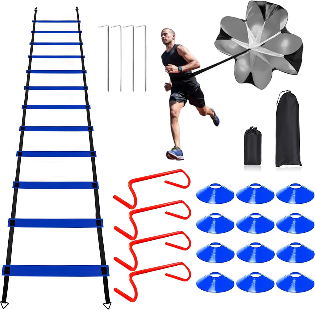 Professional Agility Ladder Speed Training Equipment Set-20ft Agility Ladder,12 Soccer Cones, 4 Agility Hurdles
