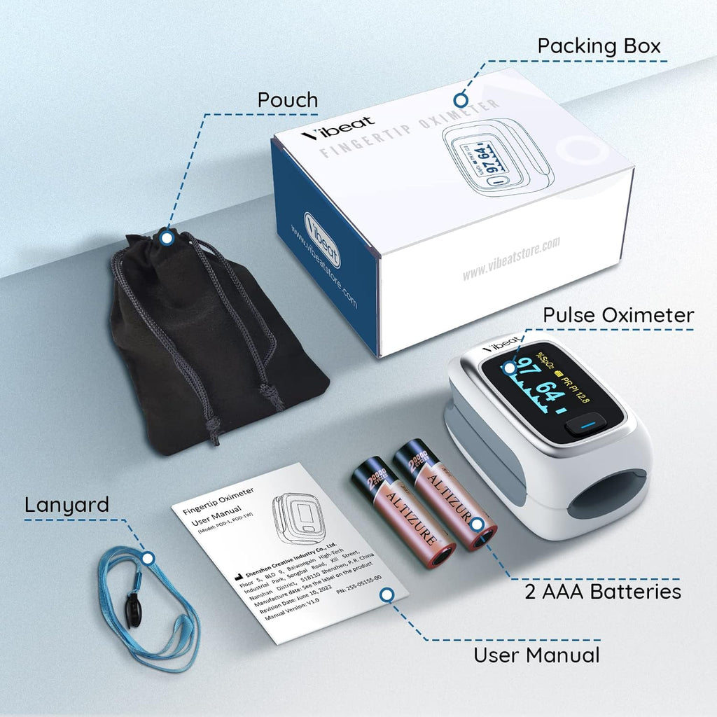 Bluetooth Fingertip Pulse Oximeter with Pulse Rate, Blood Oxygen Saturation Monitor | Finger O2 Meter, Batteries and