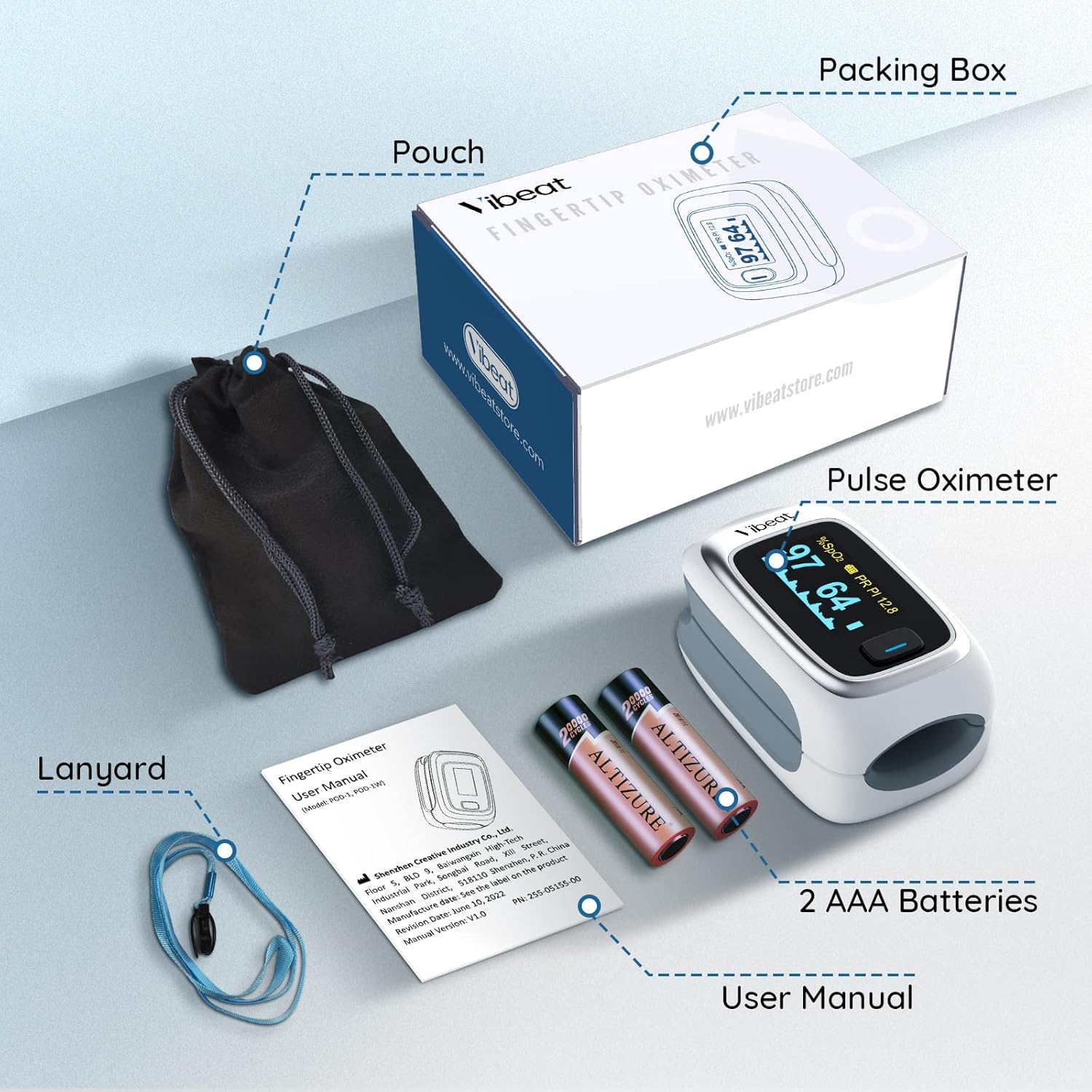 Bluetooth Fingertip Pulse Oximeter with Pulse Rate, Blood Oxygen Saturation Monitor | Finger O2 Meter, Batteries and