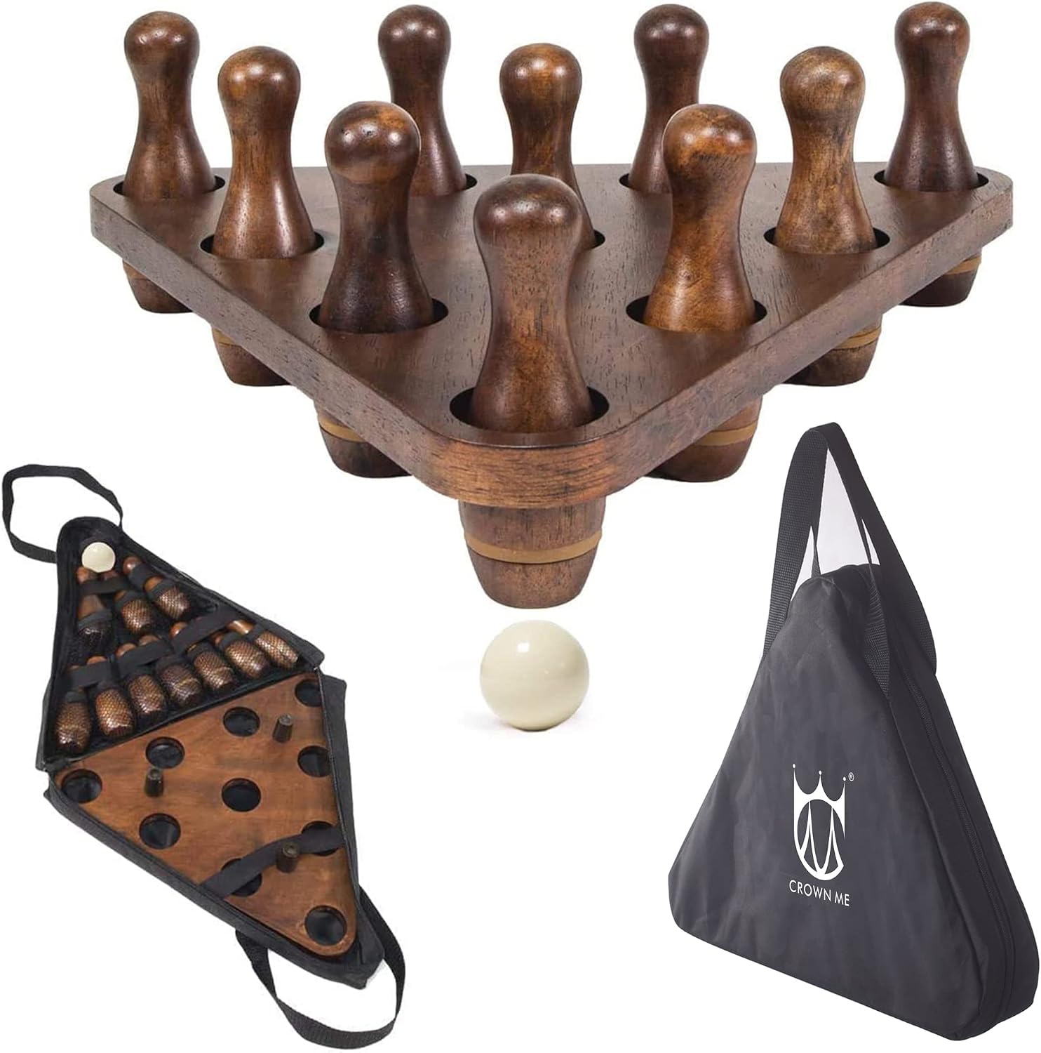 Shuffleboard Bowling Pin Set with 10 Pcs Bowling Pins Durabel Triangular Pinsetter Resin Bowling Ball and Carrying Bag