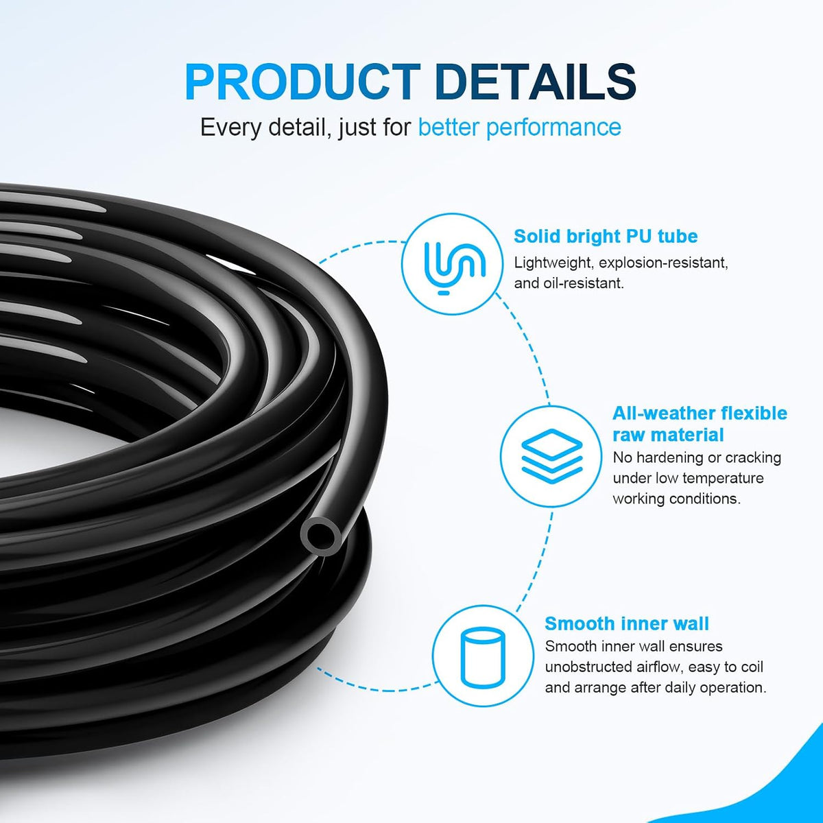 Black PU Air Hose, 12mm OD 8mm ID, 50FT