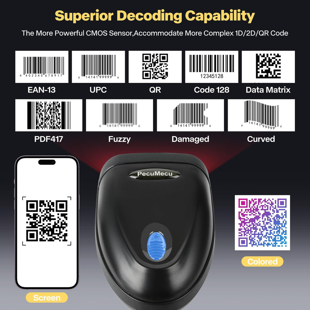 Bluetooth 1D&2D Barcode Scanner, 3-in-1 Bluetooth & USB Wired & 2.4G Wireless QR Barcode Reader, PDF417 Data Matrix