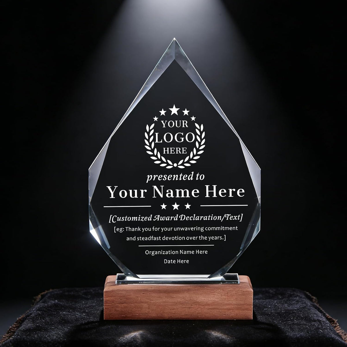SHIP NEXT DAY, Personalized Crystal Award Trophy - Custom with Company Logo Text & Employee Name, Engraved Award for
