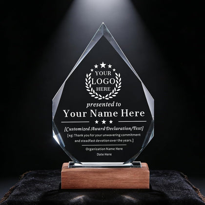 SHIP NEXT DAY, Personalized Crystal Award Trophy - Custom with Company Logo Text & Employee Name, Engraved Award for