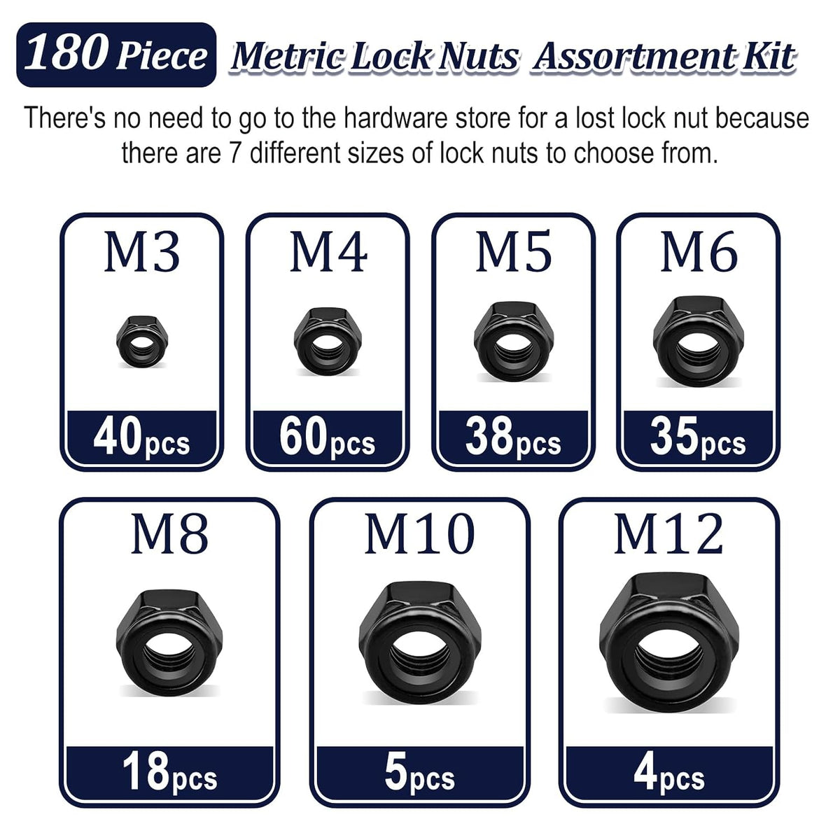 180Pcs Metric Stainless Nylon Lock Nuts Assortment Kit;Black M3-M12 Locknut