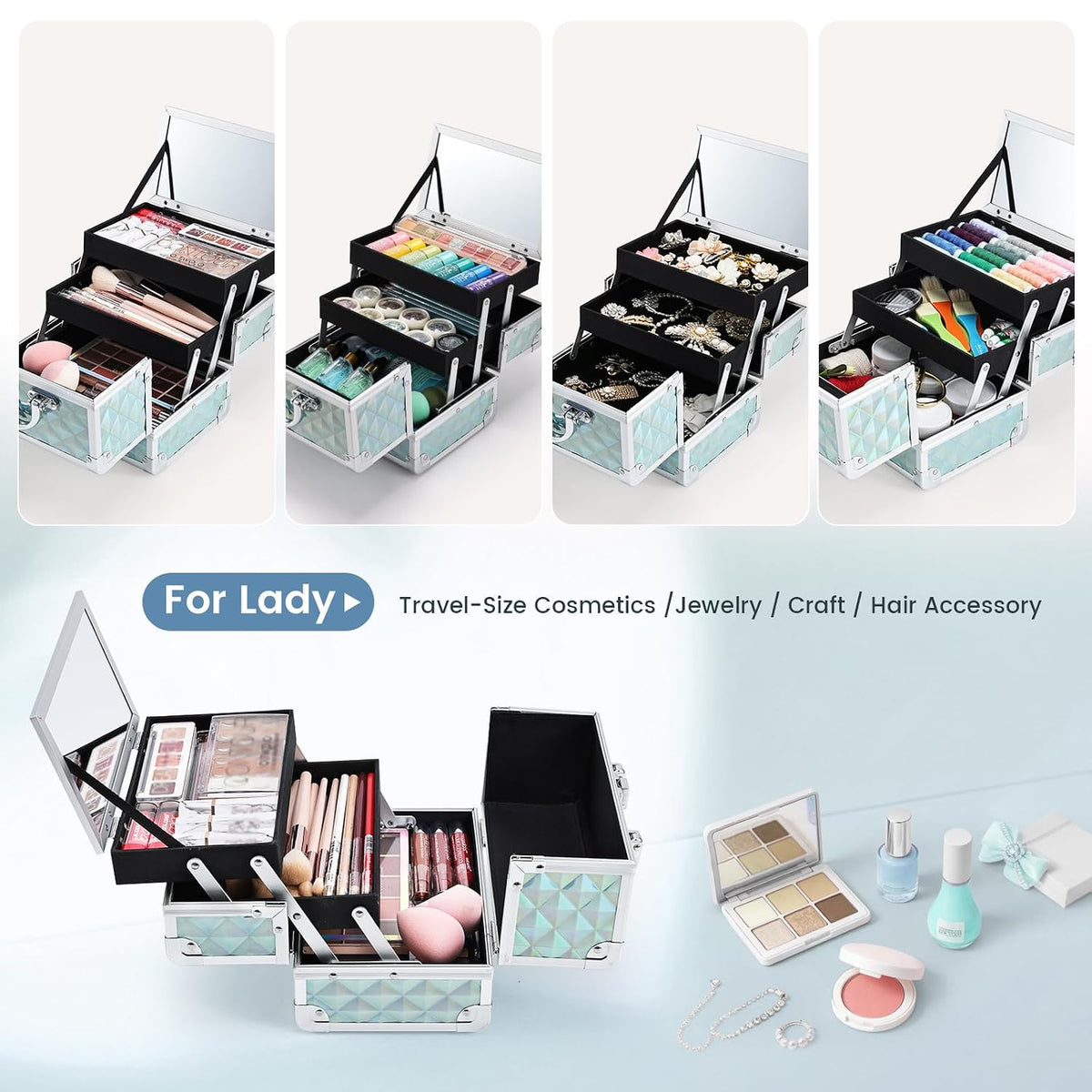 Makeup Case Portable Makeup Box Organizer Travel Cosmetic Case Storage with Mirror Locking Make Up Cases Organizers