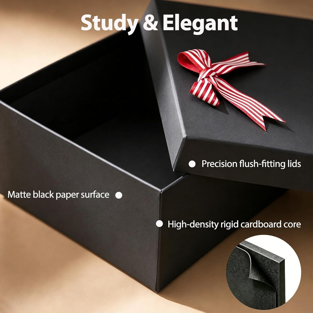 5-Piece Nested Gift Boxes with Lids - Heavy Duty Rigid Black Gift Boxes for Presents with DIY Wine Red and White