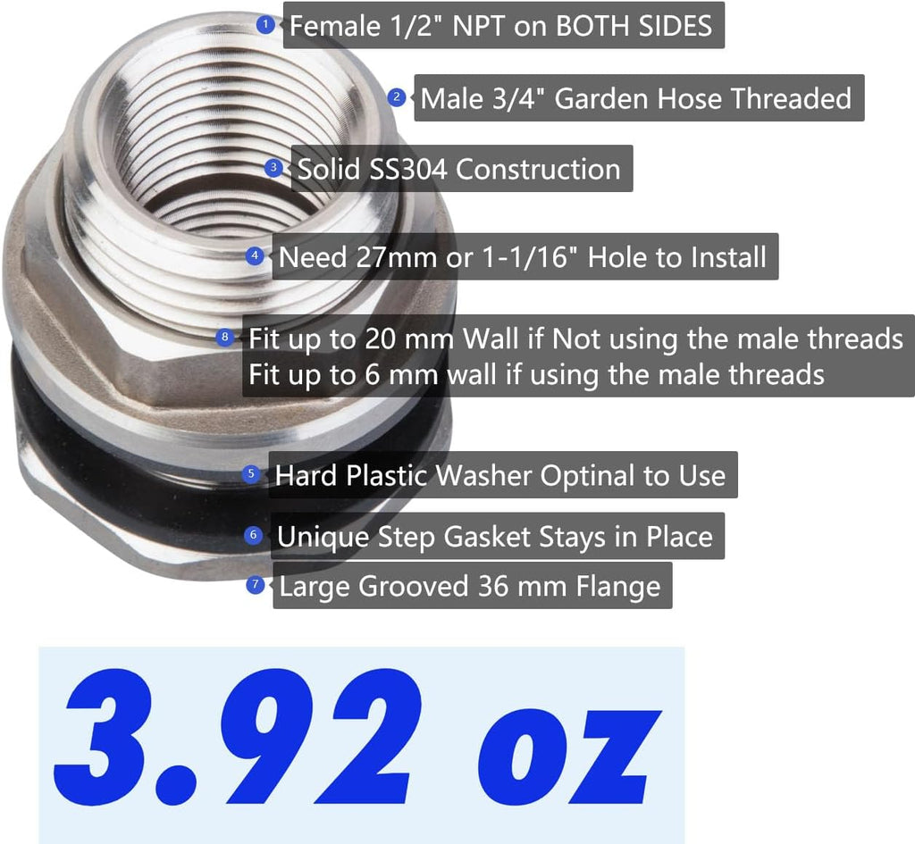 SSBF020 Stainless Steel 304 Bulkhead Tank Fitting (Double Female 1/2” NPT and Male 3/4" NH Garden Hose Threaded, w/Step gasket) (6)