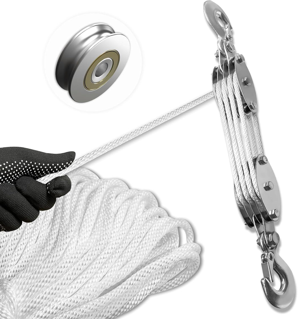 Block and Tackle Pulley System, Upgraded 4-Wheel Rope Pulley Hoist, 8:1 Lifting Power, 2200LB Work Load with 65Ft of
