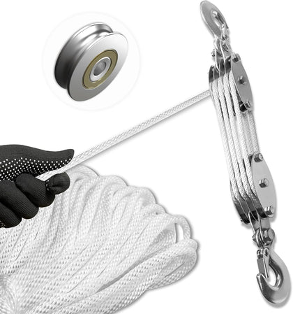 Block and Tackle Pulley System, Upgraded 4-Wheel Rope Pulley Hoist, 8:1 Lifting Power, 2200LB Work Load with 65Ft of