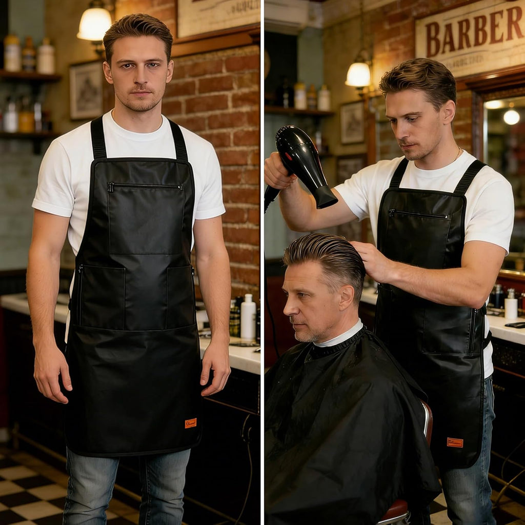Barber Apron Hair Stylists Tools Apron Professional Waterproof Haircutting Apron with 3 Pockets, Black
