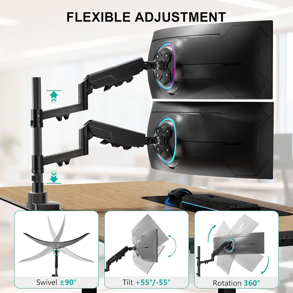 Vertical Dual Monitor Mount for 17-49 inch Curved Screens，up to 33 lbs | Heavy Duty Stacked Ultrawide Monitor Arm