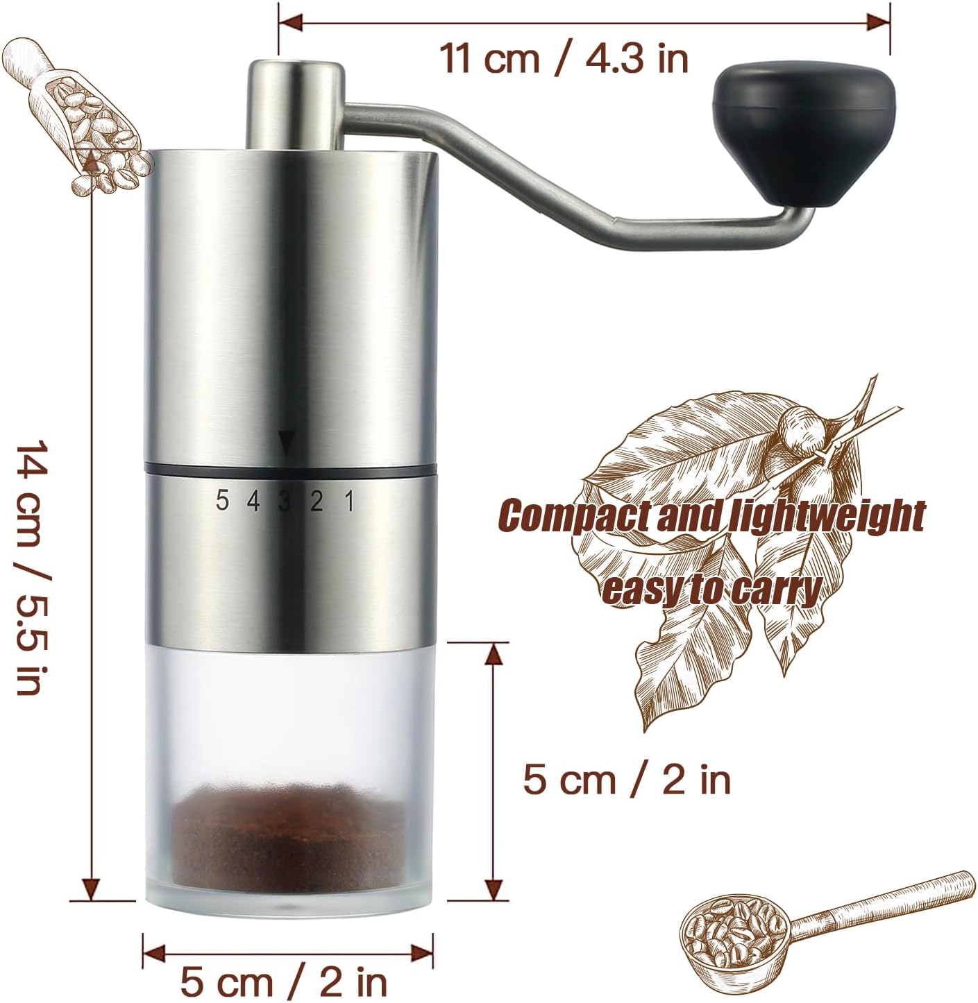 Manual Coffee Grinder, 5 External Settings, Ceramic Conical Burr | External adjustment ring for quick grind changes;