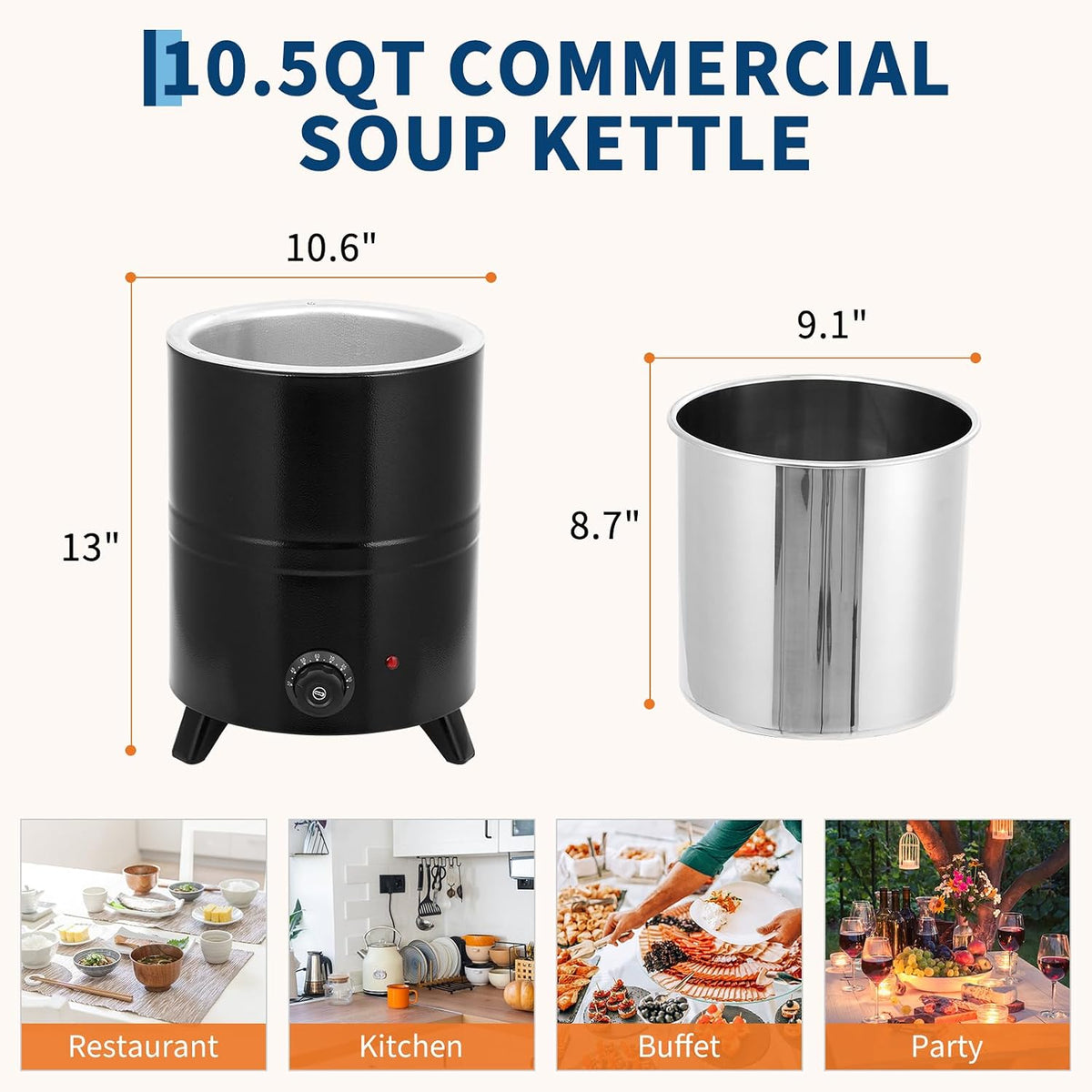 Commercial Soup Warmer with Swing Lid, 10.5 QT Soup Kettle