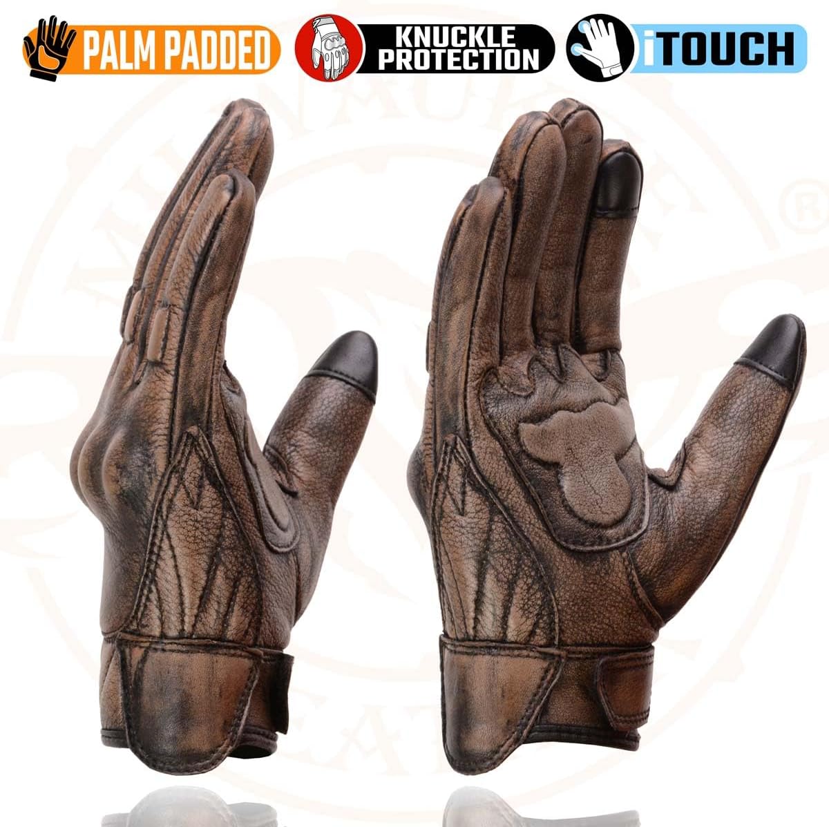 MG7514 Men's Brown Leather with Gel Palm Motorcycle Gloves W/Protective Knuckle