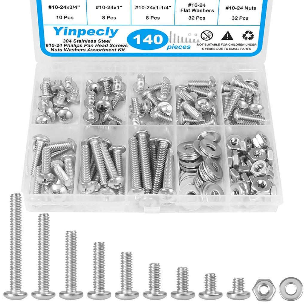 140pcs #10-24 Phillips Pan Head Machine Screws Nuts Washers Kit