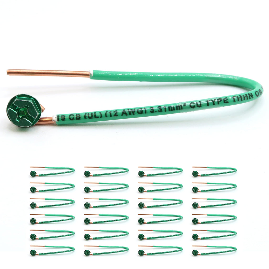 (25 Pack) 12 AWG Solid Copper Ground Pigtail Wire with Green Ground Screws