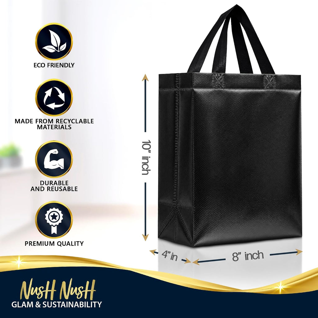 Set of 30 Reusable Medium Black Gift Bags with Handles in Bulk