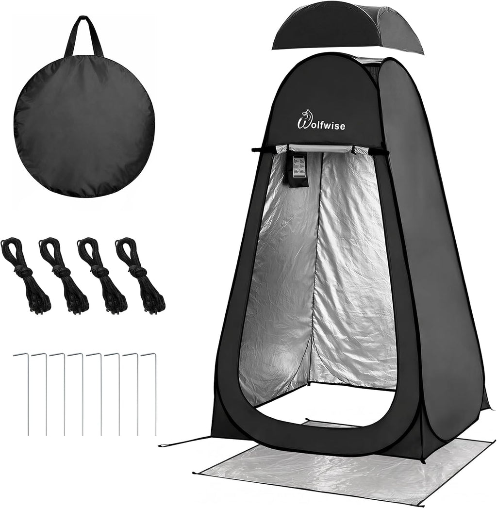 PRO Pop Up Shower Tent with Silver Coated, Floor and Rain Fly | Portable Changing Tent with Window & Carry Bag for
