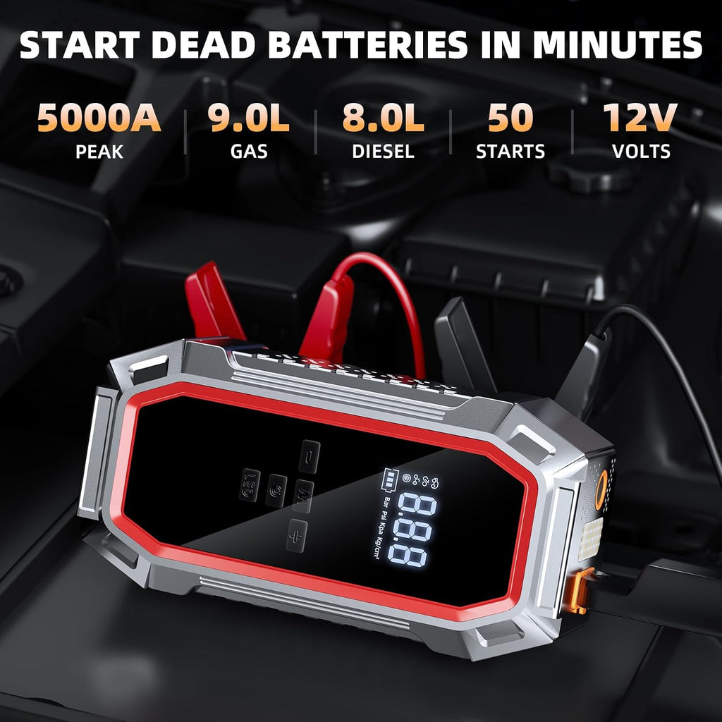Jump Starter with Air Compressor, 5000A Peak Car Battery Jump Starter(9.0 Gas/8.0L Diesel), 160PSI 12V Jump Box Car