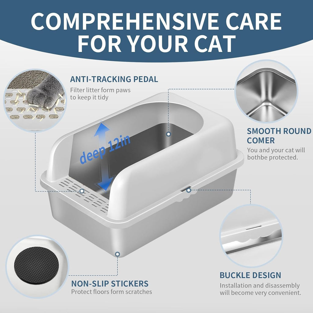 Stainless Steel Cat Litter Box with Lid High Wall Sides Enclosure, Non-Sticky, Anti-Leakage, Easy Cleaning, with Cat
