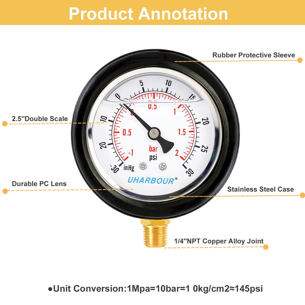 UHARBOUR Pressure Vacuum Gauge -30 inhg/30 PSI, 2-1/2" Dial Liquid