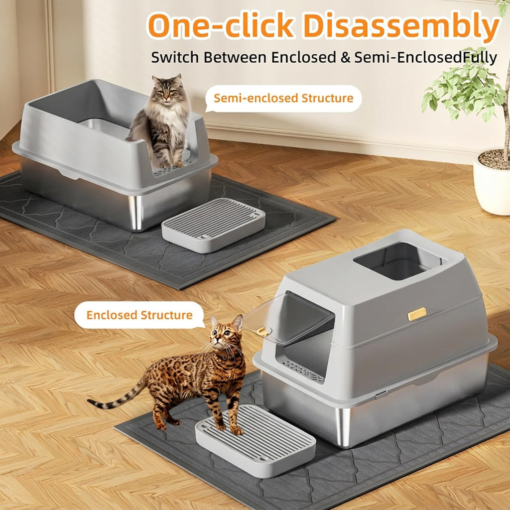 Stainless Steel Litter Box with Lid,Front Entry Top Exit Kitty LitterBox,Extra Large Enclosed Metal Cat Box with