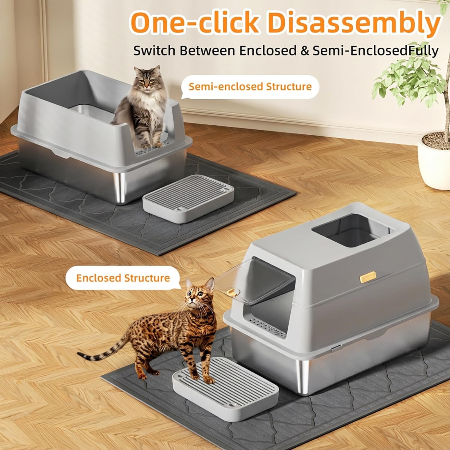 Stainless Steel Litter Box with Lid,Front Entry Top Exit Kitty LitterBox,Extra Large Enclosed Metal Cat Box with