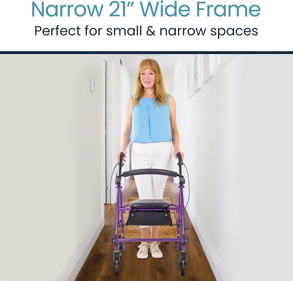 Steel Rollator Walker with Seat - Foldable, Narrow, Rolling Senior Walker for Small Spaces - 4 Wheel Lightweight