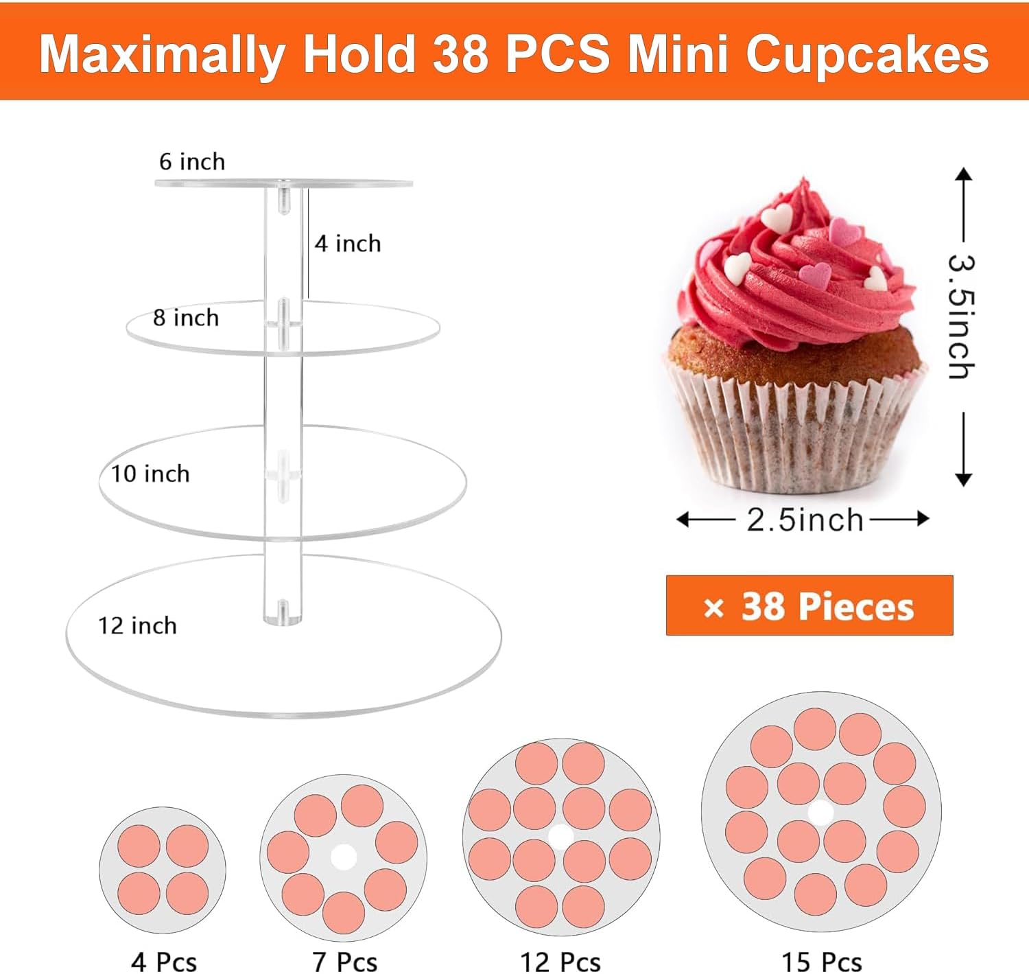 Cupcake Stand, 4 Tier Cupcake Stand for 50 Cupcakes, Round Tiered Cupcake Tower, Clear Acrylic Cupcake Holder