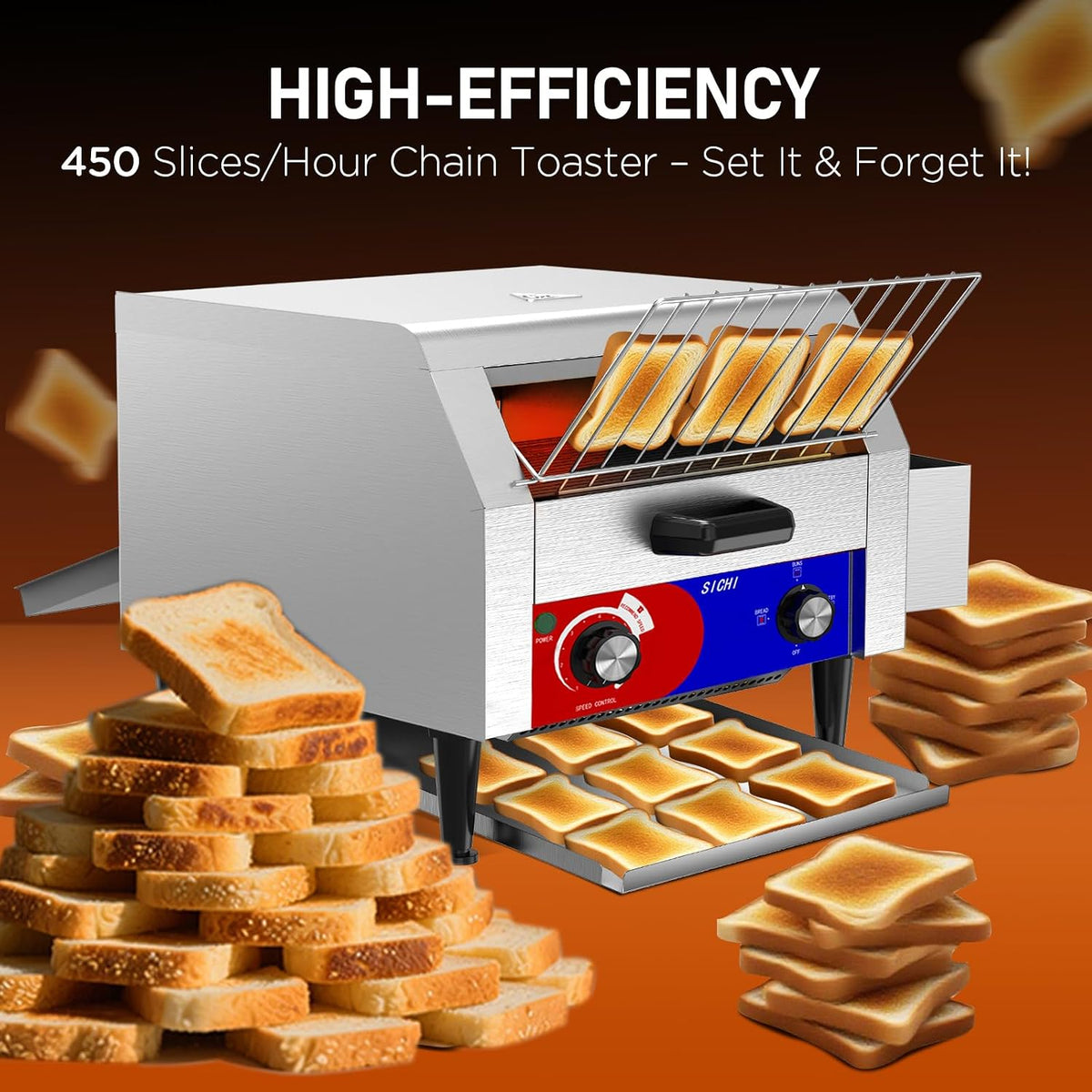 Commercial Conveyor Toaster w/ 3 Slice Wide Slot, 450 Slice/hour Commercial Toaster w/ 14.1’’ Wide and 3‘’ Opening