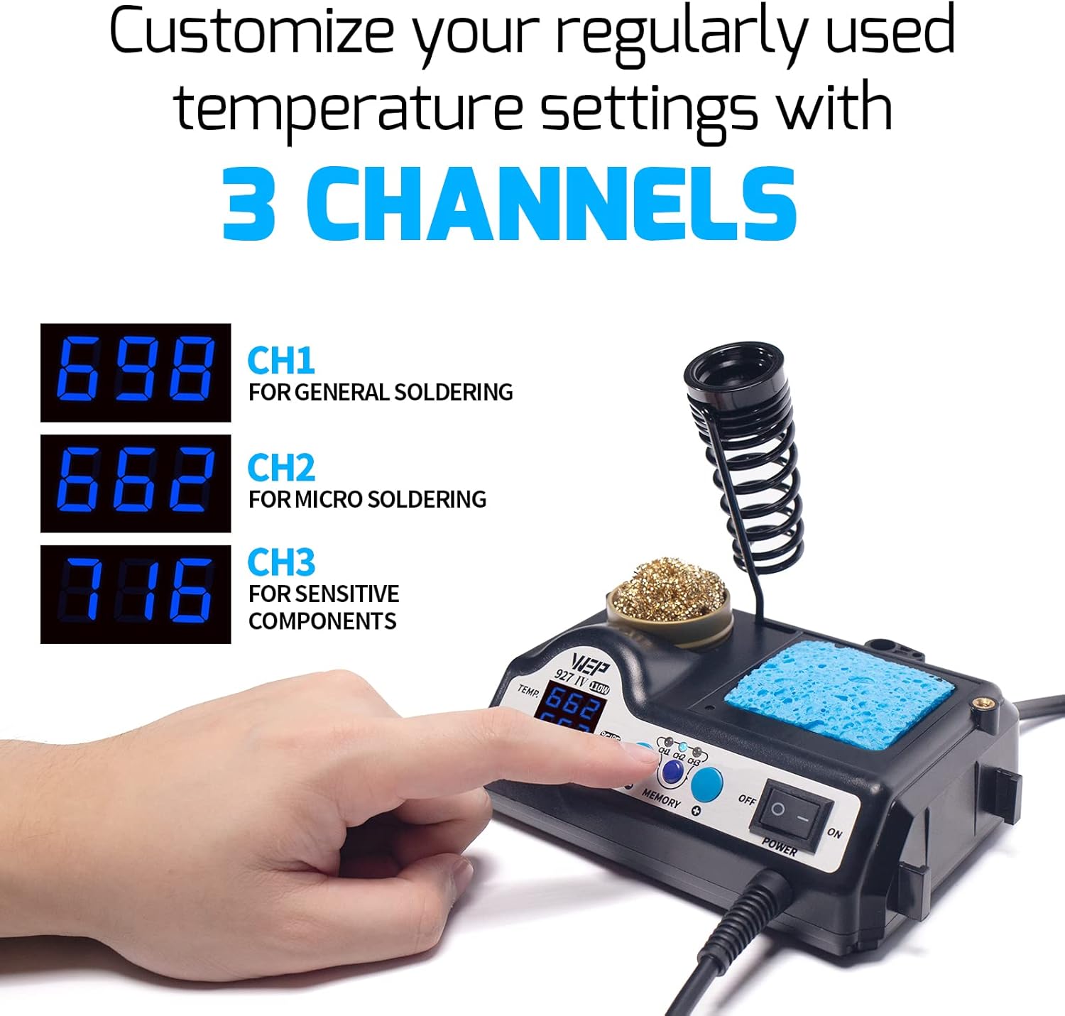 927-IV Soldering Station Kit High-Power 110W with 3 Preset Channels, Sleep Mode, LED Magnifier, 5 Extra Iron Tips