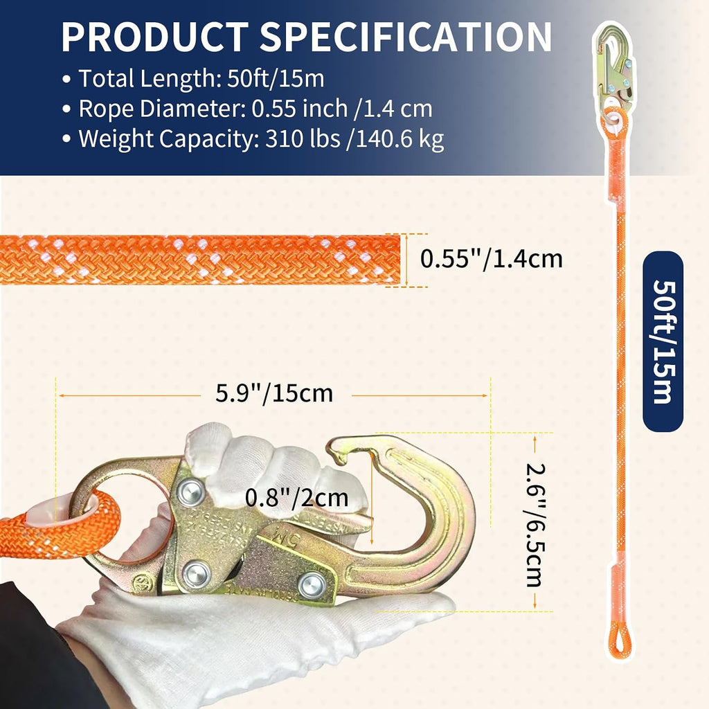 50FT Fall Protection Safety Rope, Heavy Duty Vertical Roofing Rope | Rope Harness Safety Lanyard with Grab Snap Hooks