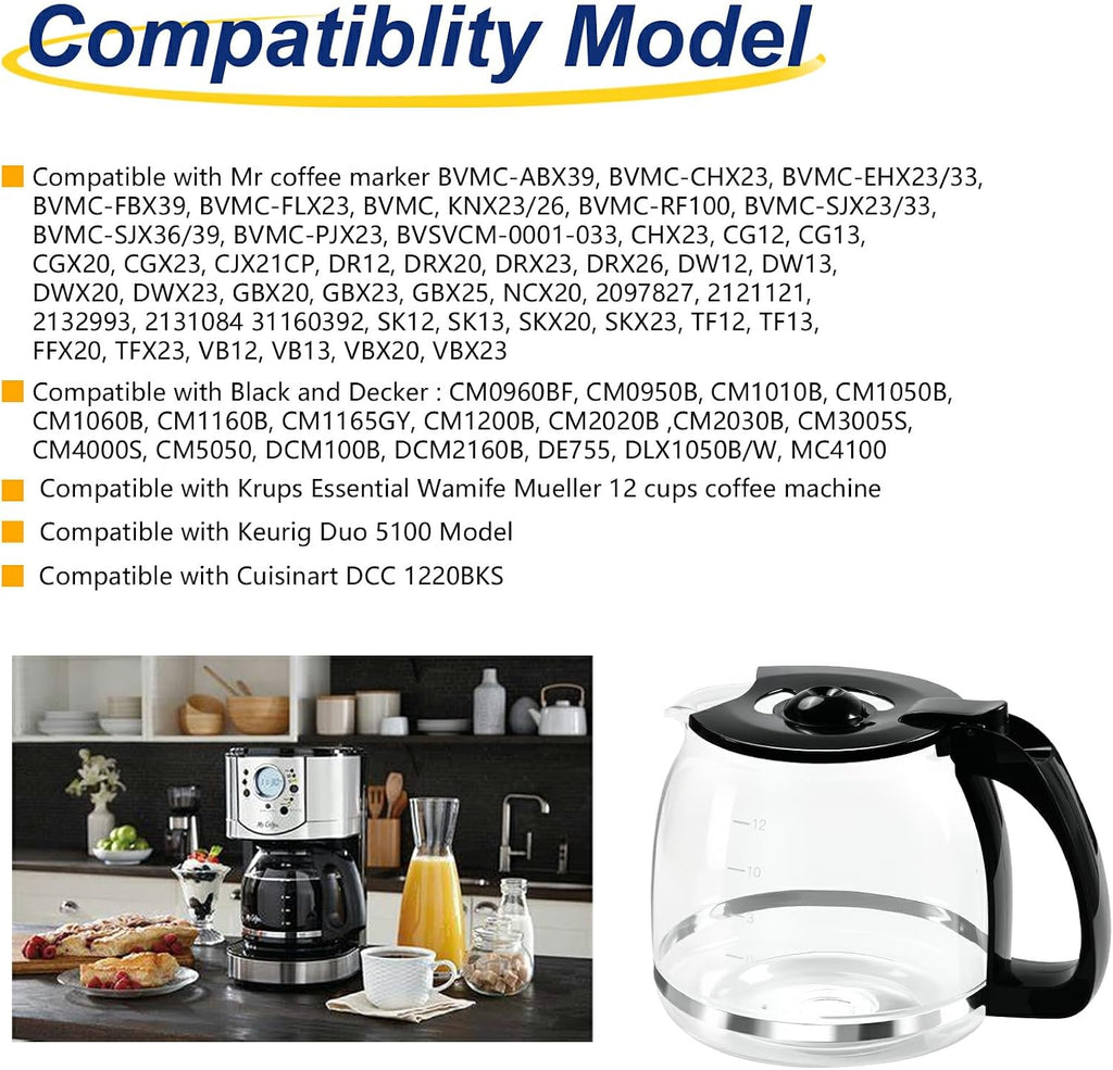 12 Cup Glass Coffee Carafe Pot Replacement for Mr Coffee and Black & Decker