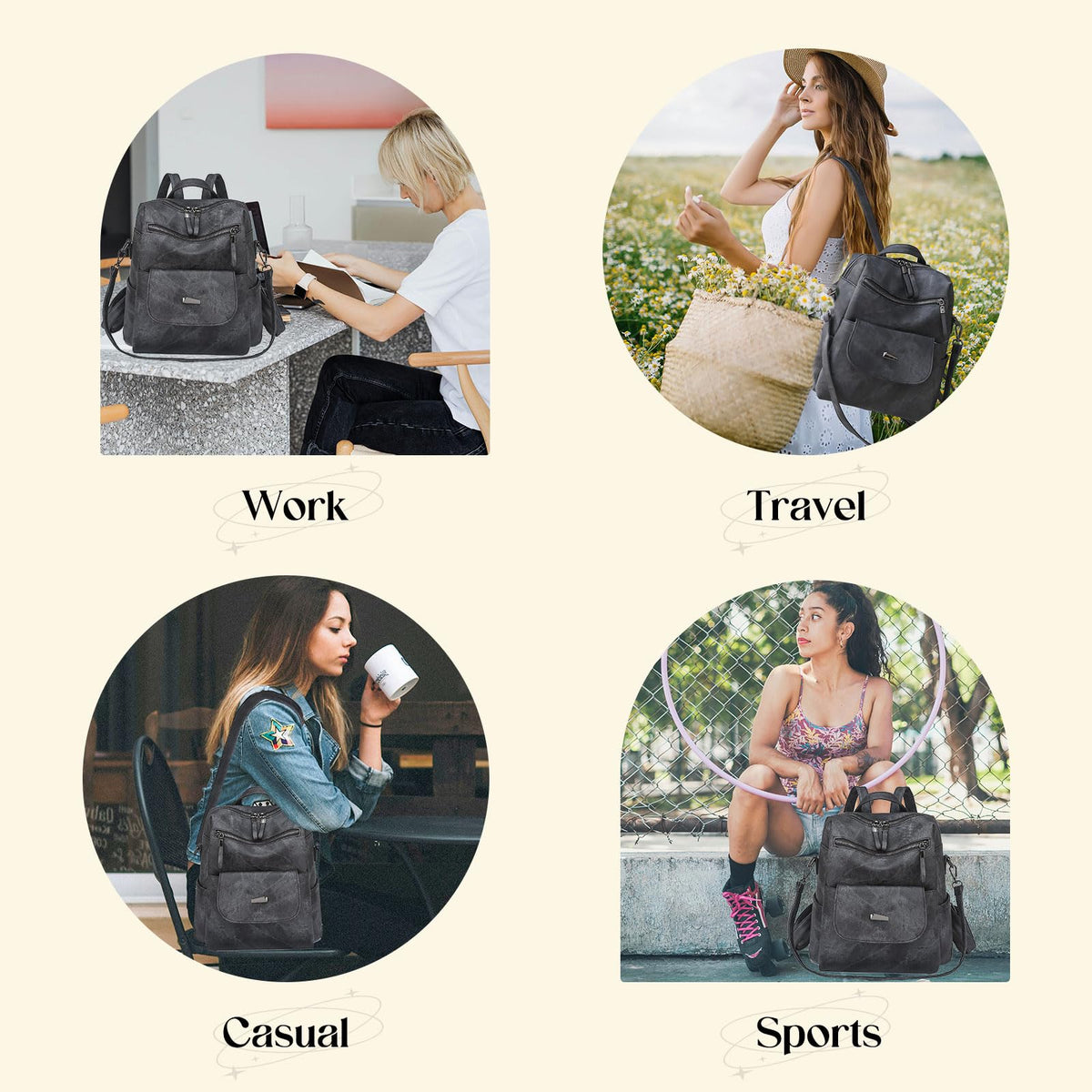 Backpack Purse for Women, PU Leather Ladies Backpack, Black