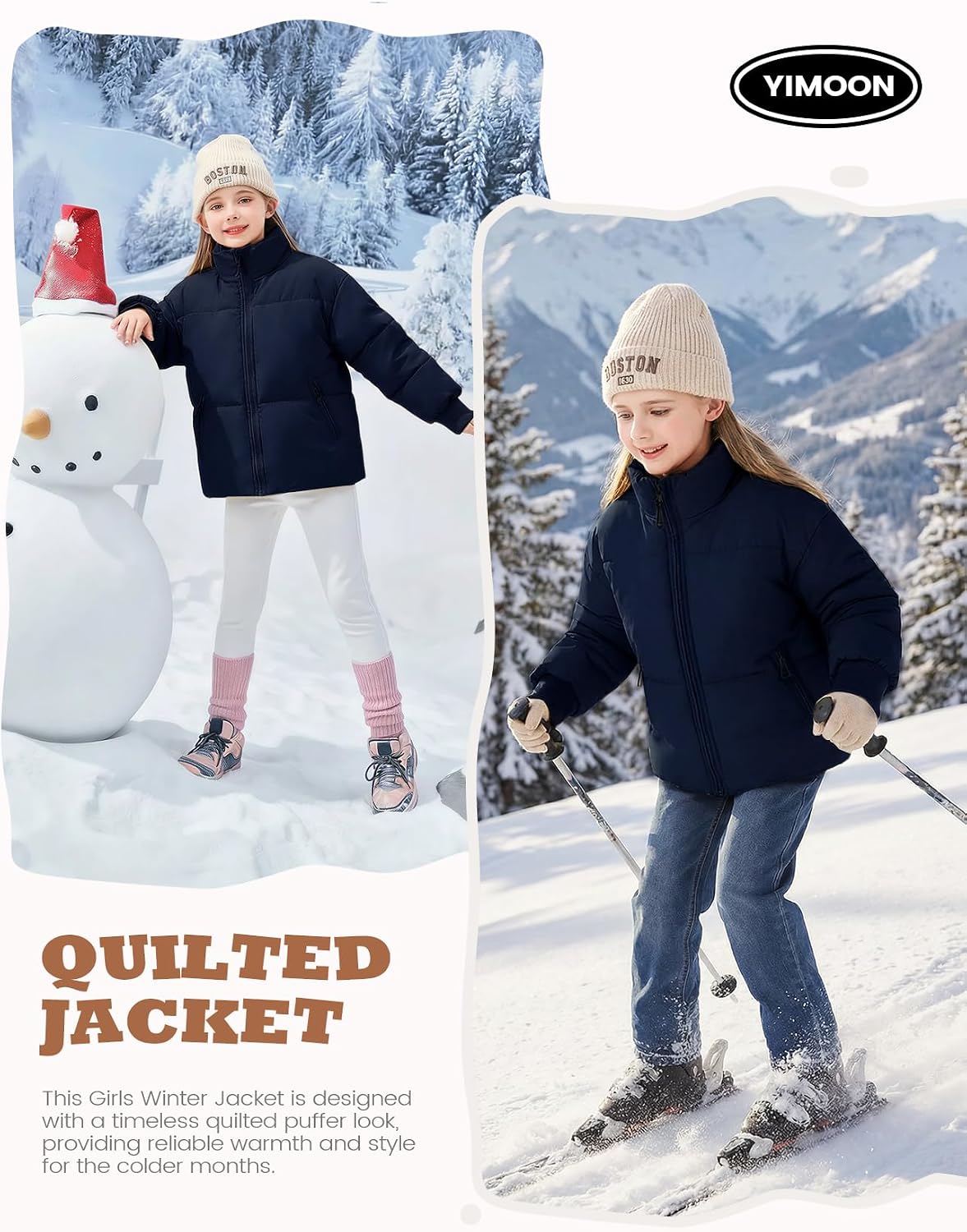 Girls Winter Puffer Jacket Kids Warm Quilted Puffer Coat | Zip Up, Stand Collar, Long Sleeve, Cropped Puffy Jacket