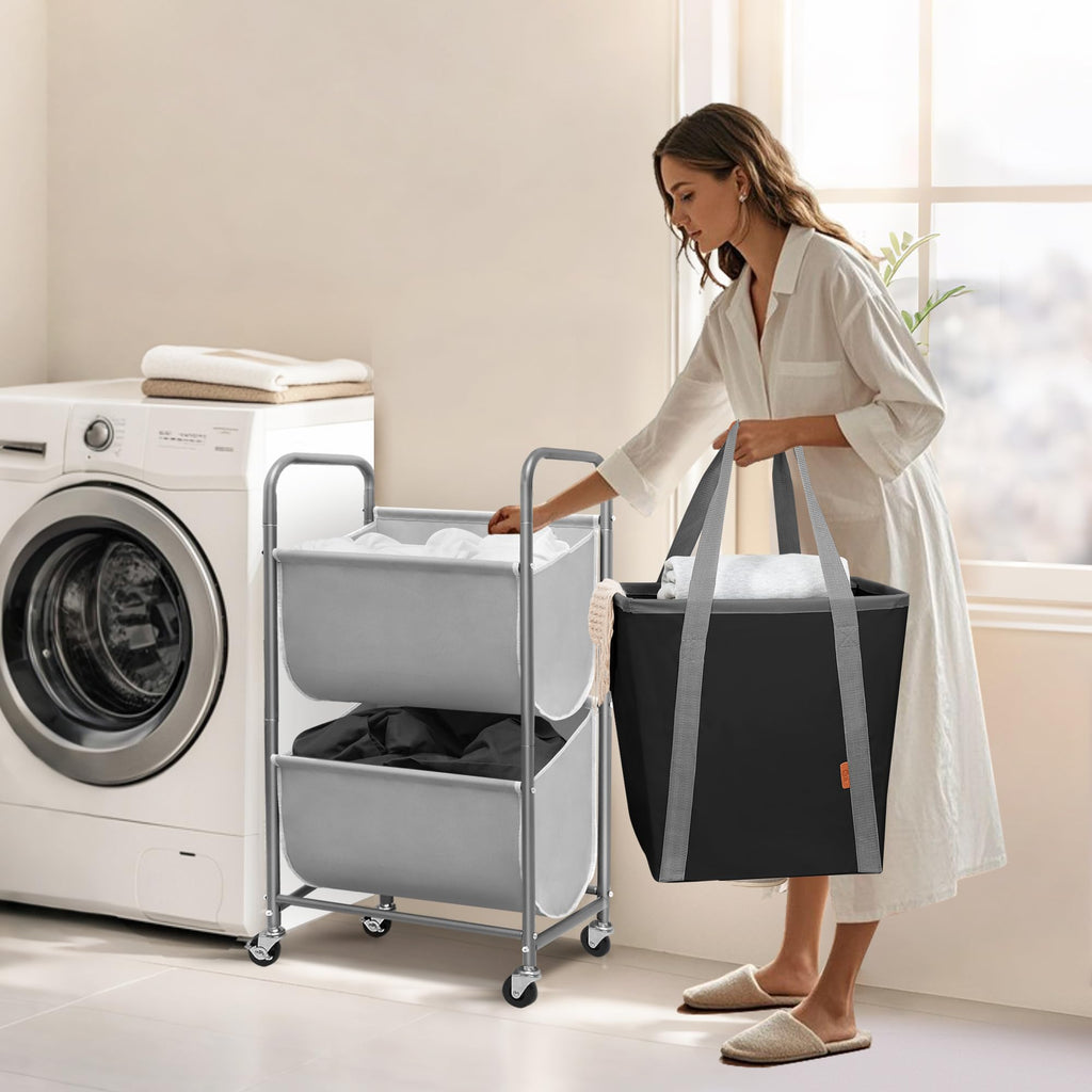 Vertical Rolling Laundry Hamper, 2 Section Laundry Sorter