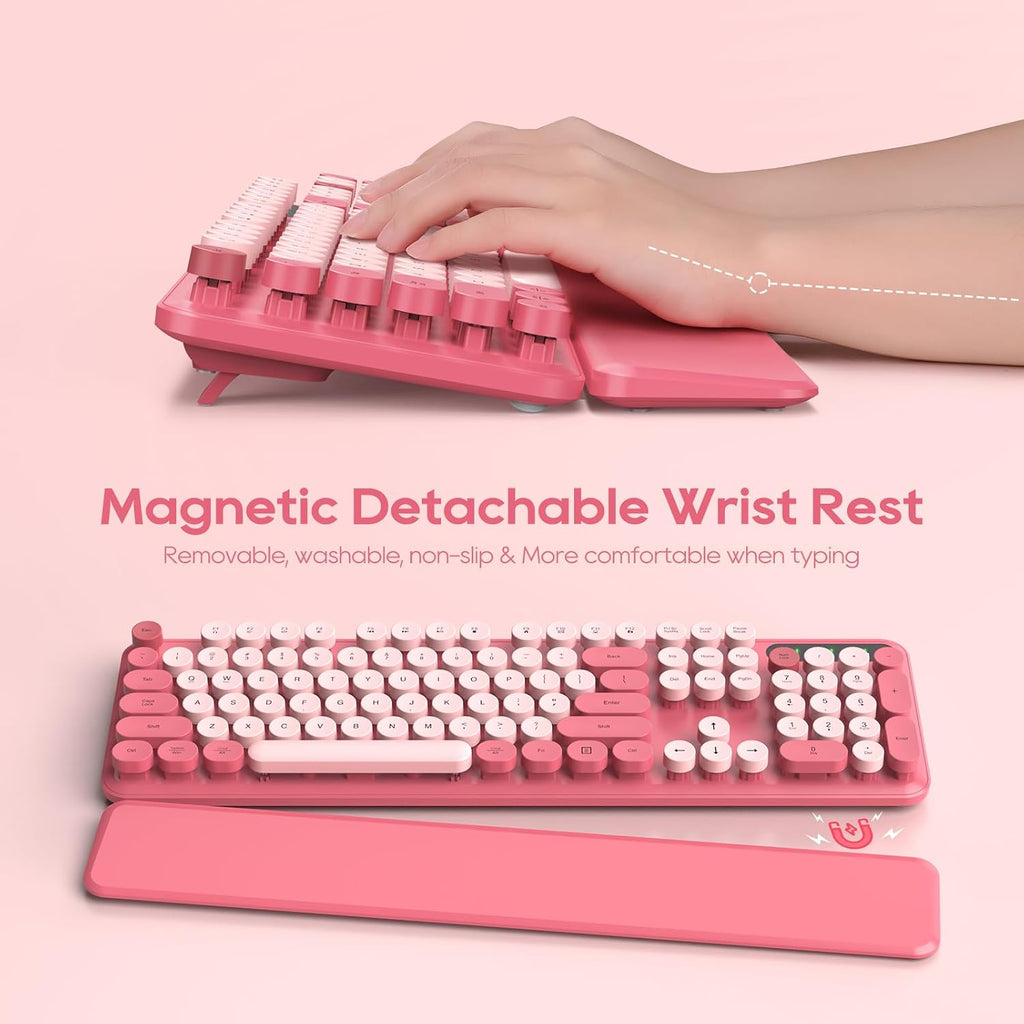 Wireless Keyboard and Mouse Combo, Round Keycaps, Magnetic Wrist Rest, Pink | Full-Size Retro Typewriter-Style