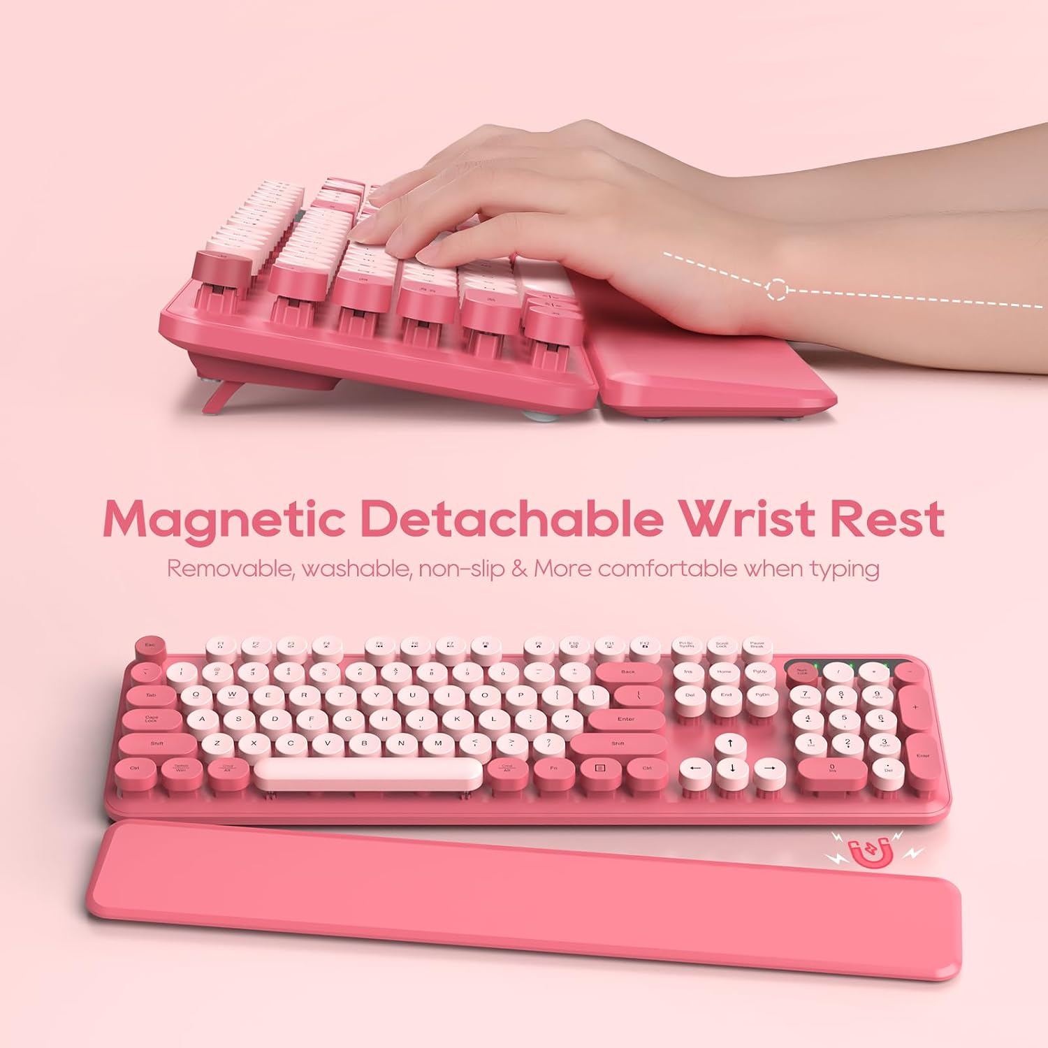 Wireless Keyboard and Mouse Combo, Round Keycaps, Magnetic Wrist Rest, Pink | Full-Size Retro Typewriter-Style