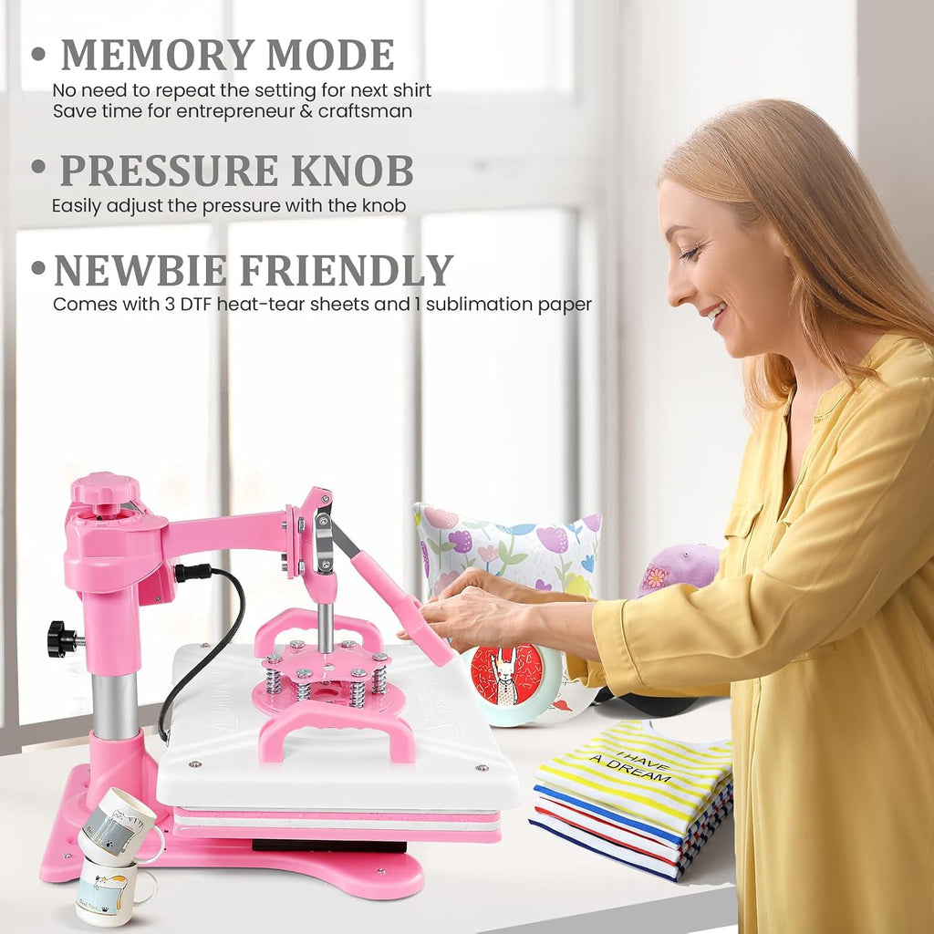Heat Press 12x15, 5 in 1 Heat Press Machine 360° Swing Away, Pink Sublimation Heat Press Digital Heat Transfer with