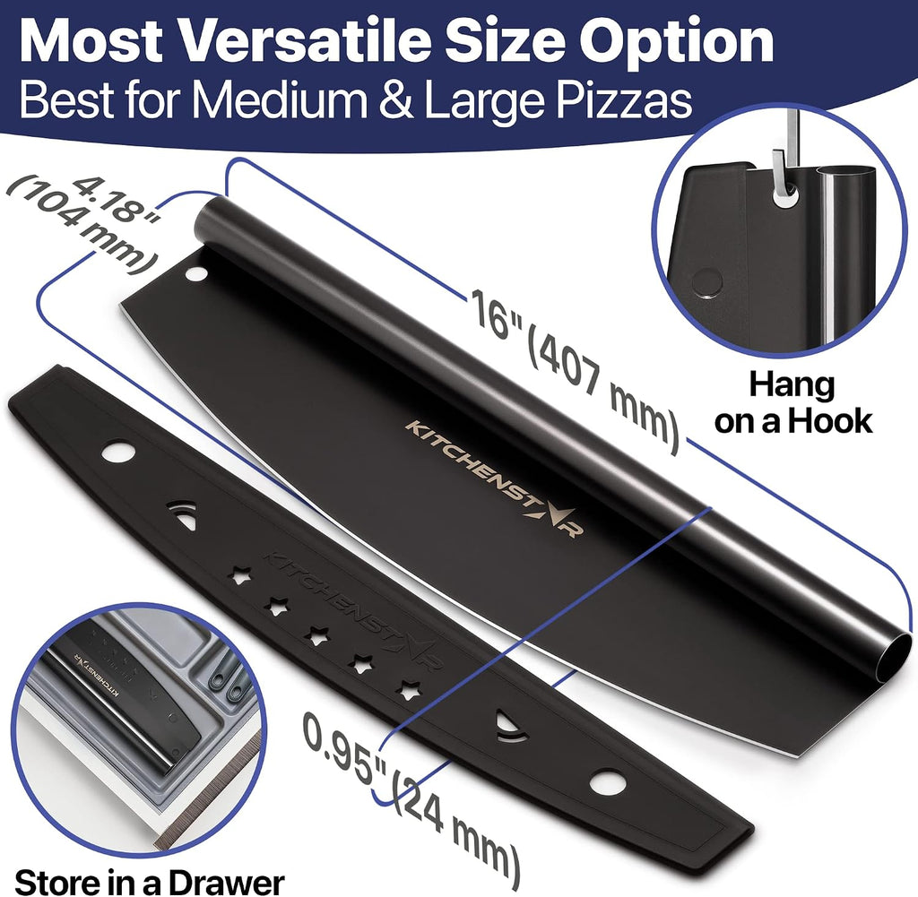 16-Inch Pizza Cutter Rocker Blade, 304 Stainless Steel Slicer Knife, Black