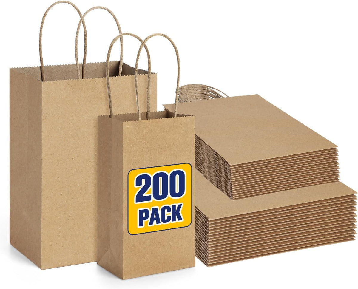 200 Pack Kraft Paper Gift Bags with Handles Assorted Sizes Brown