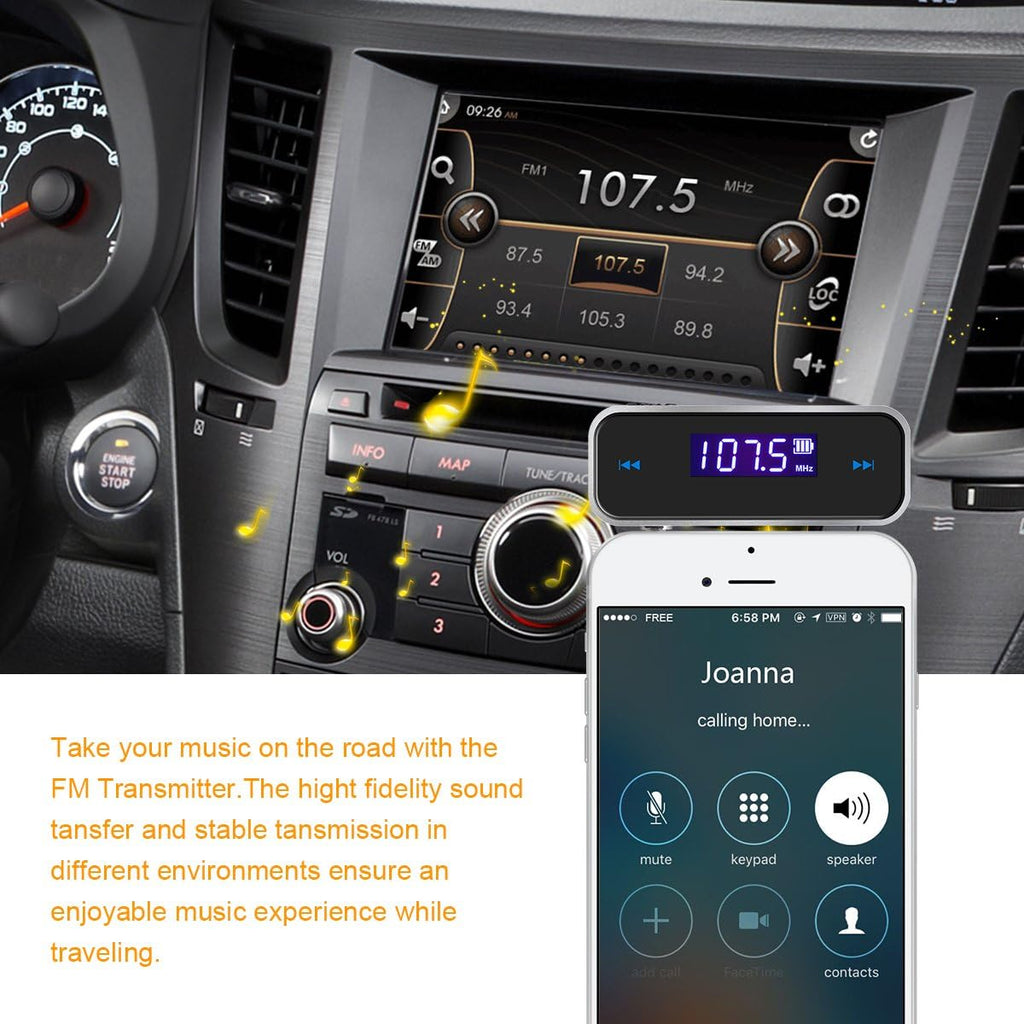 FM Transmitter Audio Adapter Car Kit, Wireless in-Car Radio Transmitter Built-in 3.5mm Aux Port for Cars iPhone 6s 5