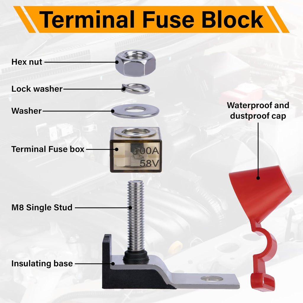 MRBF Terminal Fuse Block, 200A 58V DC Battery Terminal Fuse | 5/16" (M8) Single Stud Marine Battery Fuses with IP66