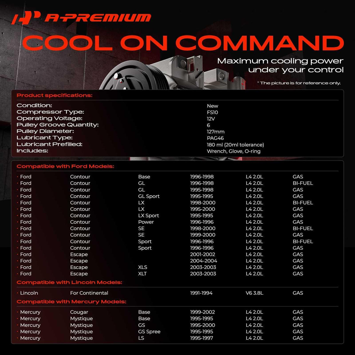 A-Premium AC Compressor Compatible with Ford & Mercury & Lincoln Models
