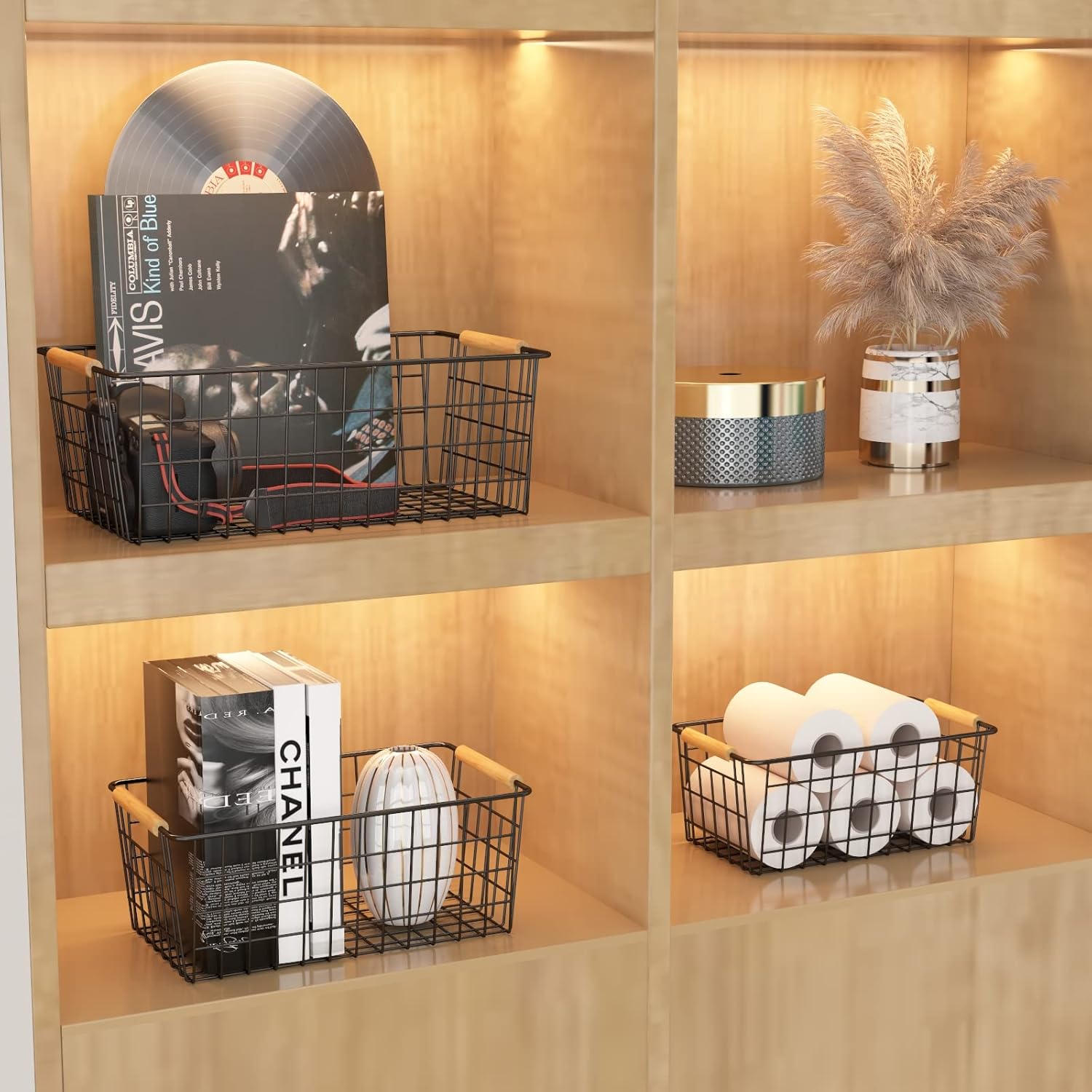 Wire Storage Baskets with Wooden Handles, 3 Pack Metal Organizer Baskets for Kitchen, Pantry, Freezer