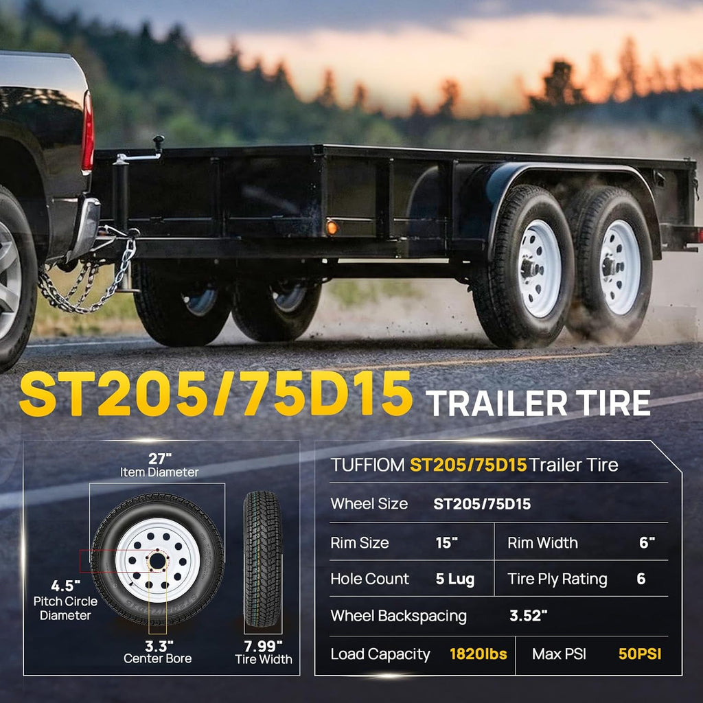 2 Pack 205/75/15 Trailer Tire and Wheel Assembly, 5 Lug on 4.5 Inch PCD with 15" Rims Load Range C 6PR White